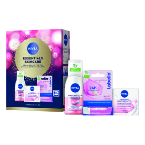 Cerca Offerte di nivea essentials skincare kit 2025 struccante occhi bifasico illuminante 125 ml + crema giorno nutriente 24h idratazione 50 ml + labello soft rose' 5,5 ml e acquista online