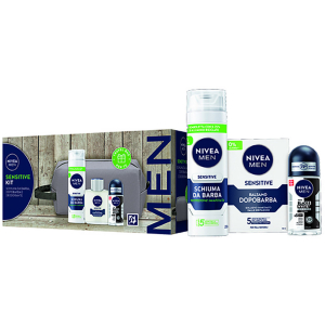 Nivea men sensitive kit cofanetto con schiuma da barba + deodorante + schiuma dopobarba e travel bag