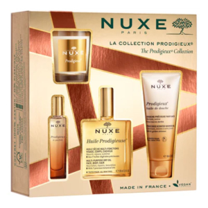 Nuxe cofanetto di natale prodigieuse collection 2024 - olio secco multifunzione + profumo + olio doccia + candela per ambienti