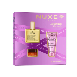 Nuxe gli iconici cofanetto con olio secco multi-funzioni 50ml + shampoo effetto lucentezza 50ml + balsamo labbra ultra-nutriente 15 grammi