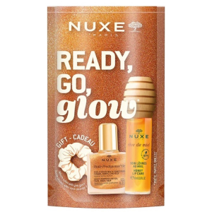 Nuxe ready go glow - gloss labbra reve de miel 10 millilitri + huile prodigieuse or 10 millilitri + elastico per capelli