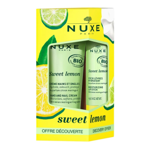 Nuxe sweet lemon duo gourmand idratante e protettivo con crema mani e unghie 30ml + burro cacao labbra 4 grammi