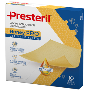 Presteril honey pro garze antiaderenti cicatrizzanti 10 garze 10 x 10 cm per ustioni e ferite