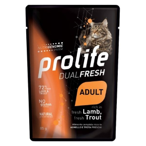 Prolife dual fresh agnello e trota freschi cibo umido per gatti adulti bustina 85g 197b