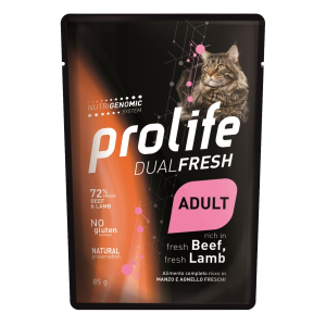 Prolife dual fresh manzo e agnello freschi cibo umido per gatti adulti bustina 85g prolife