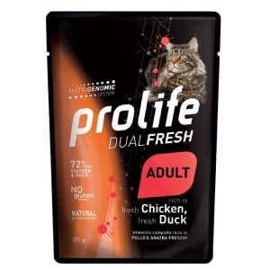 Prolife dual fresh pollo e anatra freschi cibo umido per gatti adulti bustina 85g prolife