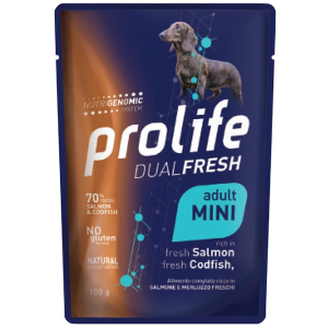 Prolife dual fresh salmone e merluzzo freschi cibo umido per cani adulti taglia piccola bustina 100g prolife