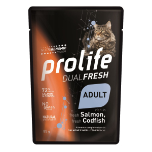 Prolife dual fresh salmone e merluzzo freschi cibo umido per gatti adulti bustina 85g 197b