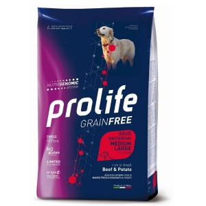 Prolife grain free adult sensitive beef & potato cibo secco per cani taglia media/grande sacco 2,5kg 197b