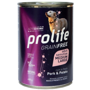 Prolife grain free maiale con patate cibo umido per cani adulti taglia media/grande lattina 400g prolife