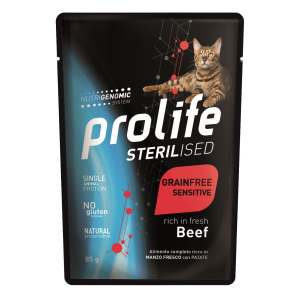 Prolife sterilised cat grainfree sensitive cibo umido manzo per gatti adulti 85g prolife
