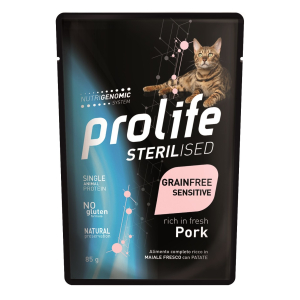 Prolife sterilised maiale fresco e patate cibo umido per gatti adulti bustina 85g 197b