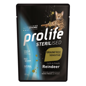 Prolife sterilised renna fresca e patate cibo umido per gatti adulti bustina 85g prolife