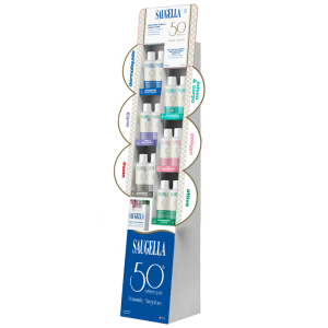 Saugella espositore 50 anniversario 2024 2 dermoliquido 500 ml + 2 poligyn 500 ml + 2 attiva 500 ml + 2 acti3 500 ml + 2 intimo & corpo 500 ml + 2 uomo 500 ml