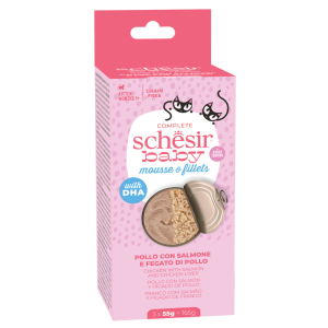 Schesir gatto baby mousse & fillets grain free kitten pollo salmone fegato 3x55gr (lattina)
