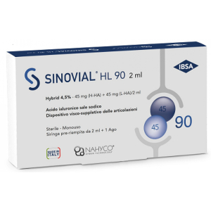 Cerca Offerte di siringa intra-articolare sinovial hl 90 acido ialuronico sale sodico 4,5% 45mg h-ha + 45mg h-ha/2ml 2 ml e acquista online