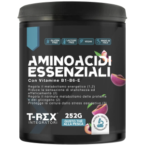 T-rex eaa aminoacidi essenziali integratore essential amino con vitamine in polvere gusto thè pesca, 252g