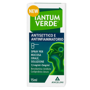 Tantum verde antisettico e antinfiammatorio  1,5 mg/ml + 5 mg/ml spray per mucosa orale, soluzione  benzidamina cloridrato/cetilpiridinio cloruro