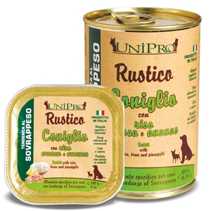 Trova Offerte di unipro rustico coniglio con riso/crusca/ananas per cani sovrappeso barattolo 400g unipro e compra online