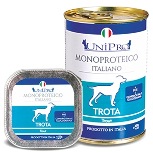 Unipro unicamente trota cibo umido cani adulti vaschetta 150g